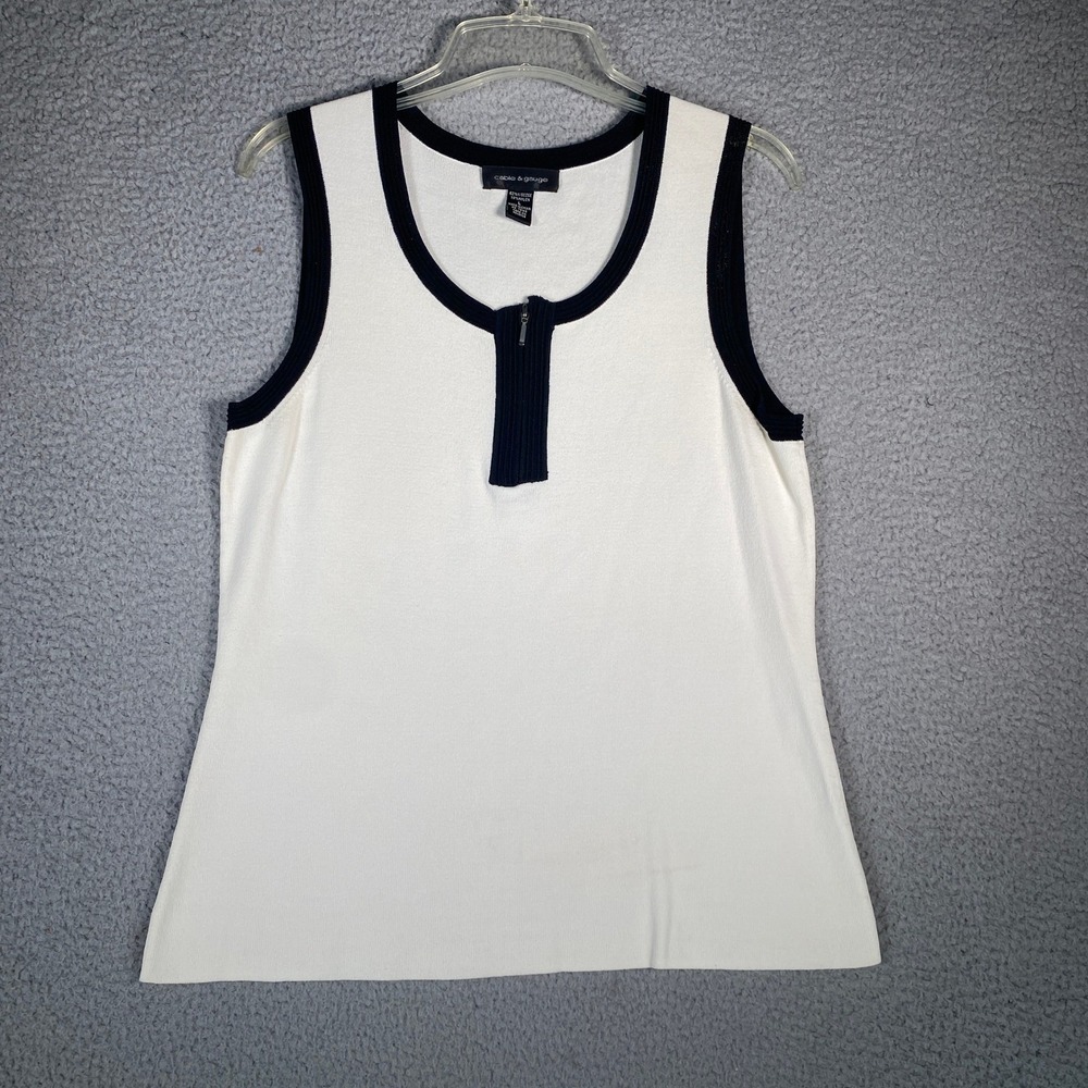 Cable and Gauge White Sleeveless Tank Top Black Trim Zipper Detail Size L